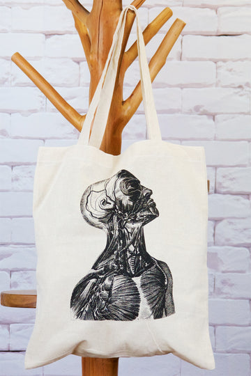 Canvas Tote Bag | Side View - anatomy, anatomy drawing, anatomy print, bag, beach bag, black and white, book bag, Bust, drawing, hand printed, head, muscles, nature, Shopper, Tote, tote bag - Wander Emporium