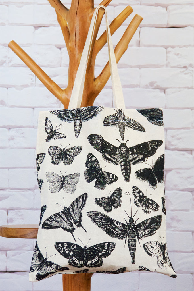 Canvas Tote Bag | Month - bag, beach bag, black and white, book bag, drawing, hand printed, Moth, nature, Shopper, Tote, tote bag - Wander Emporium