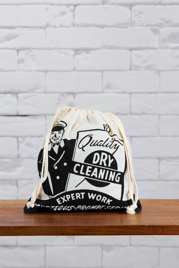 Small Drawstring Bag | Dry cleaning - bag, black and white, canvas, day bag, drawing, drawstring, dry cleaning, hand printed, lunch bag, small - Wander Emporium