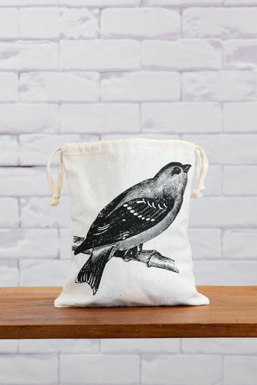 Small Drawstring Bag | Warbler - bag, black and white, canvas, day bag, drawing, drawstring, hand printed, lunch bag, small, warbler - Wander Emporium