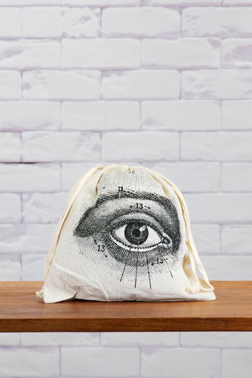 Small Drawstring Bag | Eye - anatomy drawing, anatomy print, bag, black and white, canvas, day bag, drawing, drawstring, eye, hand printed, lunch bag, small - Wander Emporium