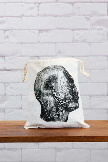 Small Drawstring Bag | Head - anatomy drawing, anatomy print, bag, black and white, canvas, day bag, drawing, drawstring, hand printed, head, lunch bag, small - Wander Emporium