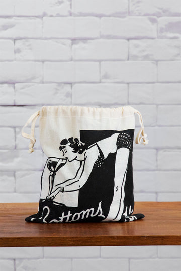 Small Drawstring Bag | Martini - backpack, black and white, book bag, canvas, day bag, day pack, drinks, hand printed, martini, pack, pinup, regular backpack - Wander Emporium