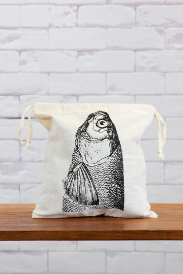 Small Drawstring Bag | Fish - bag, black and white, canvas, day bag, drawing, drawstring, fish, hand printed, lunch bag, nature, small - Wander Emporium