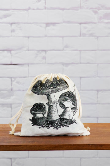 Small Drawstring Bag | Mushroom - backpack, black and white, book bag, canvas, day bag, day pack, hand printed, mushroom, mushrooms, pack, porcini, regular backpack - Wander Emporium