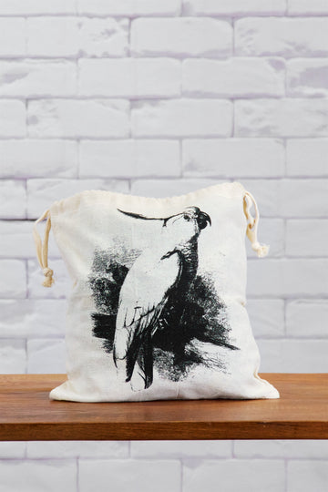 Small Drawstring Bag | Cockatoon - bag, bird, black and white, canvas, cockatoon, day bag, drawing, drawstring, hand printed, lunch bag, small - Wander Emporium
