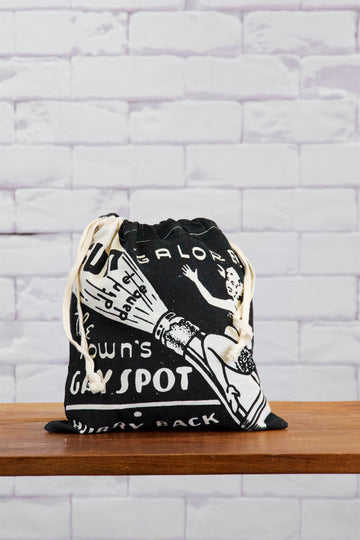 Small Drawstring Bag | Town's spot - bag, black and white, canvas, day bag, drawing, drawstring, hand printed, lunch bag, small - Wander Emporium