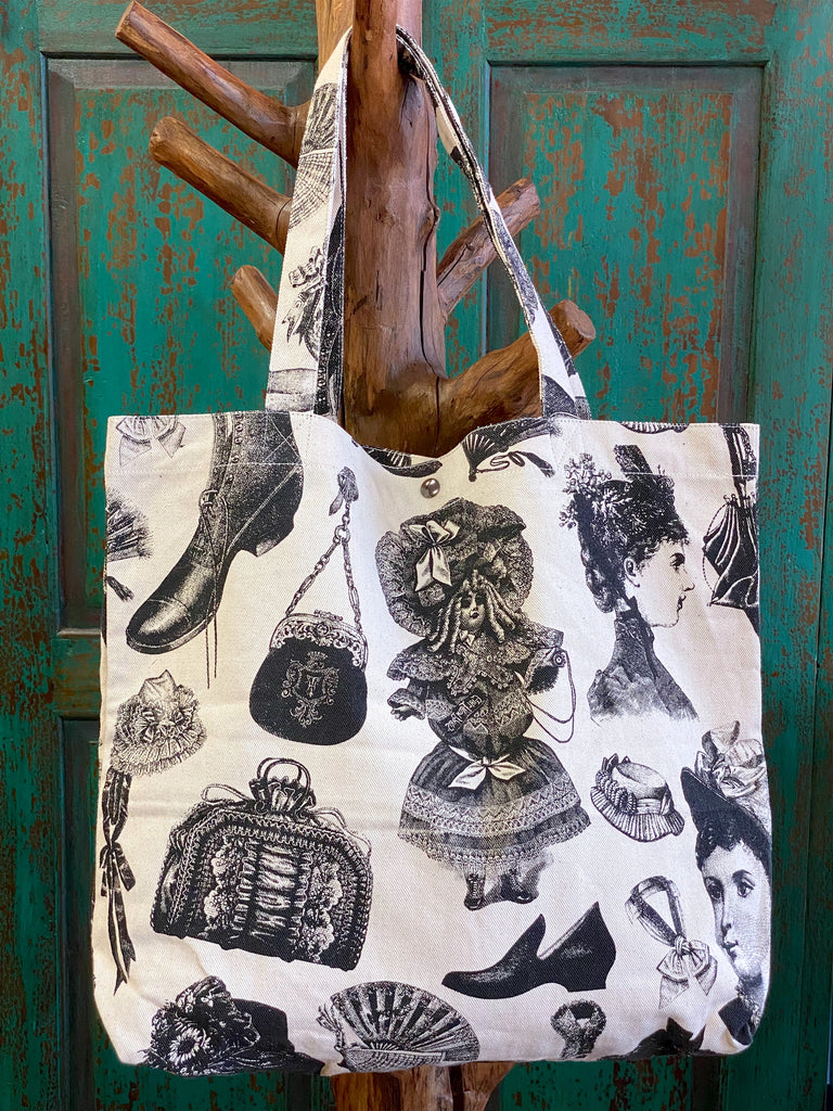Shopper Bag | Victoria Fashion - bag, beach bag, black and white, drawing, hand printed, Shopper, snap button, Tote, tote bag, travel, victoria, victorian fashion, victorian style - Wander Emporium