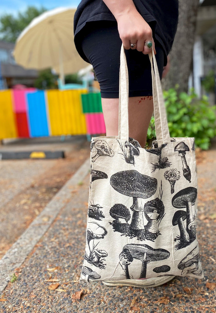 Canvas Tote Bag | Mushrooms - bag, beach bag, black and white, book bag, canvas, drawing, hand printed, mushroom, mushrooms, nature, porcini, Shopper, Tote, tote bag - Wander Emporium