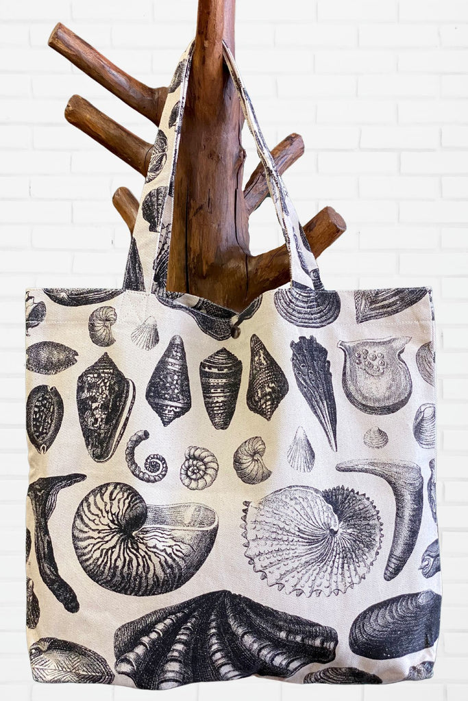 Shopper Bag | Shells - bag, beach bag, biology, black and white, caracol shell, drawing, hand printed, nature, seashells, Shell, shell pattern, shells, Shopper, snap button, Tote, tote bag, travel - Wander Emporium