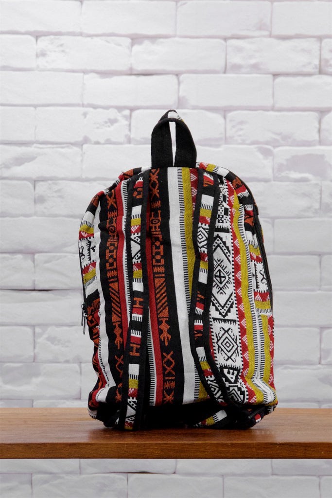 Woven Backpack - backpack, ethnic, PATTERN, red, regular backpack, white, woven, yellow, zipper - Wander Emporium