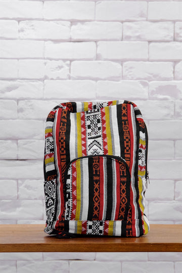 Woven Backpack - backpack, ethnic, PATTERN, red, regular backpack, white, woven, yellow, zipper - Wander Emporium