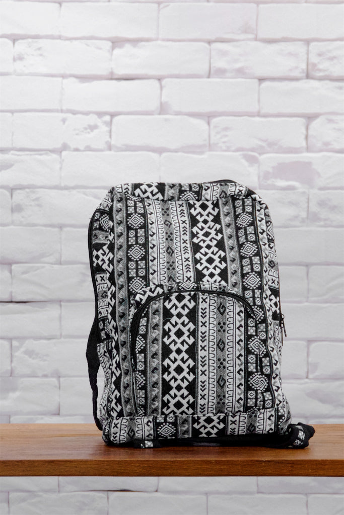 Woven Backpack - backpack, black, black and white, ethnic, PATTERN, regular backpack, woven, zipper - Wander Emporium