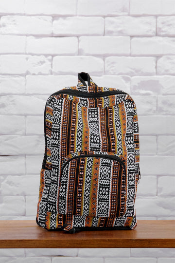 Woven Backpack - backpack, black, black and white, ethnic, orange, PATTERN, regular backpack, white, woven, zipper - Wander Emporium