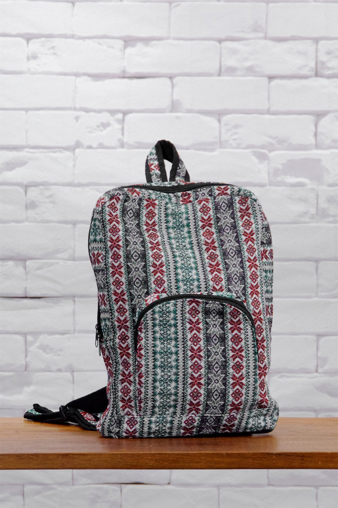 Woven Backpack - backpack, black, black and white, ethnic, green, orange, PATTERN, red, regular backpack, white, woven, zipper - Wander Emporium
