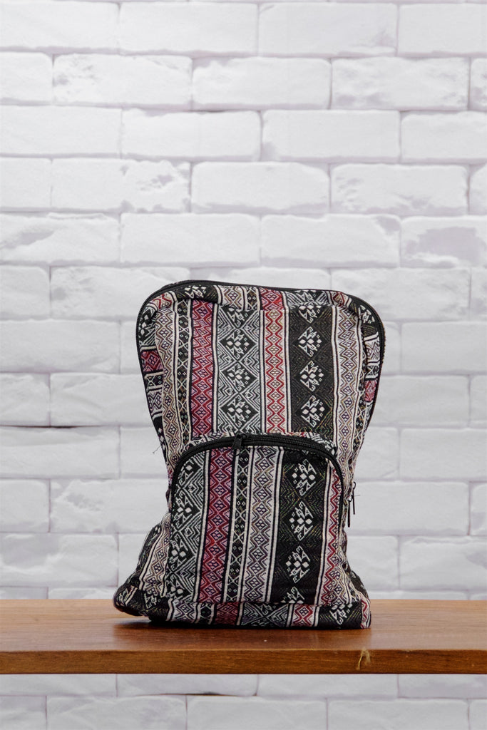 Woven Backpack - backpack, black, black and white, ethnic, PATTERN, red, regular backpack, white, woven, zipper - Wander Emporium