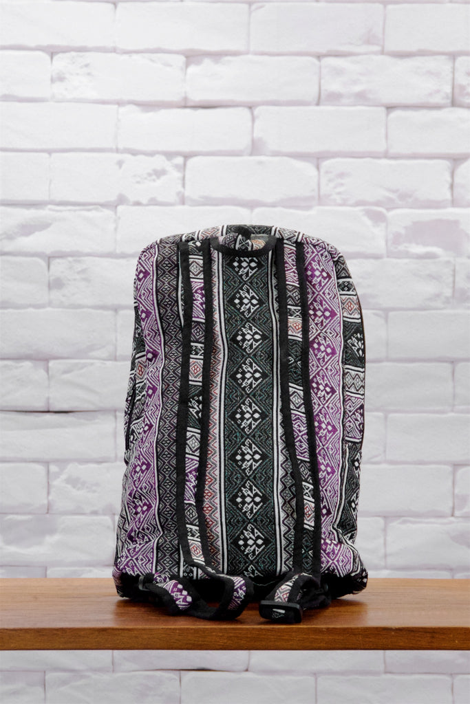 Woven Backpack - backpack, black, black and white, ethnic, PATTERN, purple, regular backpack, white, woven, zipper - Wander Emporium