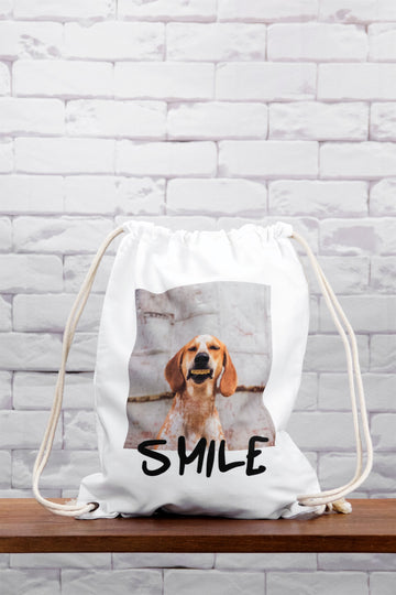 Graphic Backpack | Smile - backpack, black and white, dog, drawing, drawstring, graphic print, gymsack, regular backpack, sackpack, smile, white - Wander Emporium