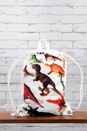 Graphic Backpack | Dinos - backpack, black and white, dino, dinosaurous, drawing, drawstring, graphic print, gymsack, regular backpack, sackpack, white - Wander Emporium