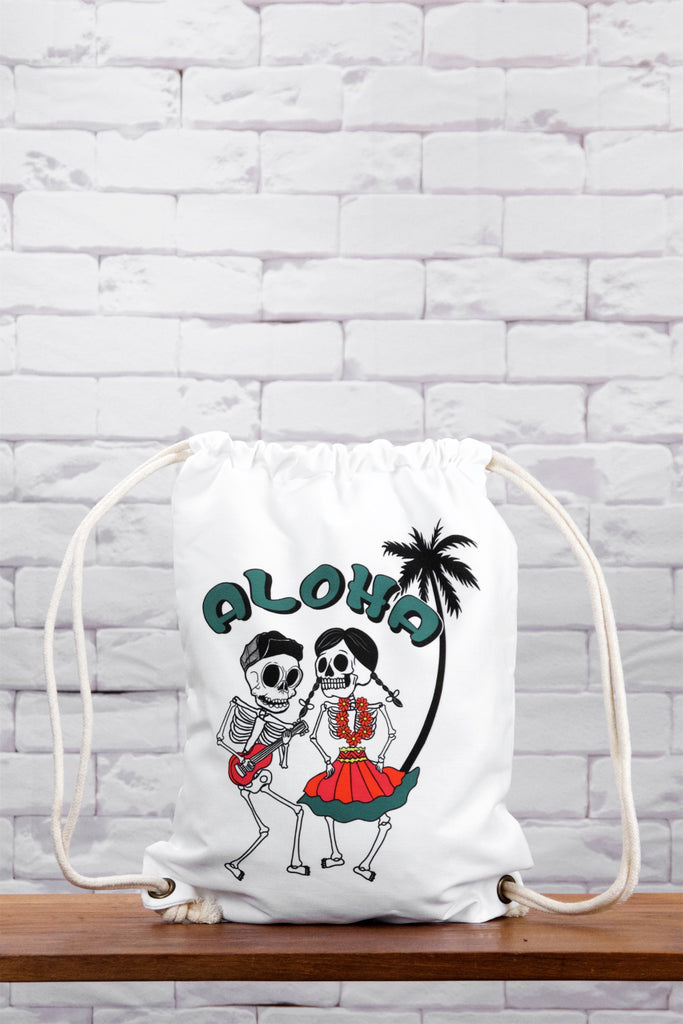 Graphic Backpack | Aloha - aloha, backpack, black and white, dancing, drawing, drawstring, graphic print, gymsack, hello, regular backpack, sackpack, skeletons, white - Wander Emporium