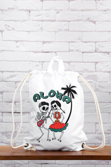 Graphic Backpack | Aloha - aloha, backpack, black and white, dancing, drawing, drawstring, graphic print, gymsack, hello, regular backpack, sackpack, skeletons, white - Wander Emporium