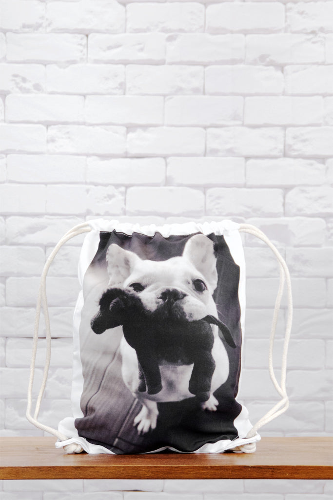 Graphic Backpack | For you - backpack, black and white, drawing, drawstring, french bulldog, funny, graphic print, gymsack, regular backpack, sackpack, white - Wander Emporium