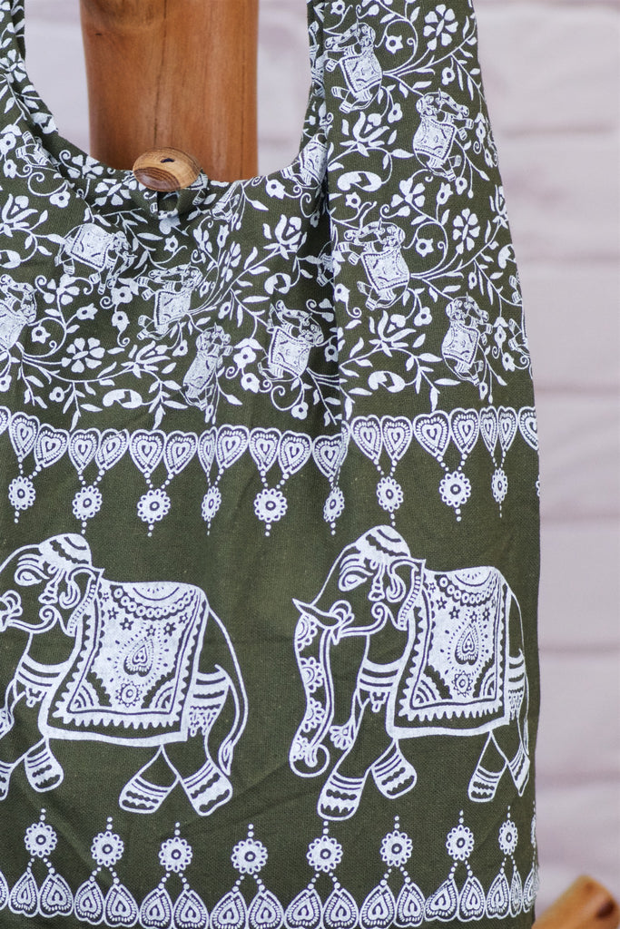 Shoulder Bag | Elephants - baby, bag, beach bag, black, black and white, blue, book bag, day bag, elephant, green, gymsack, hobo bag, red, shoulder, sling bag, tote bag - Wander Emporium