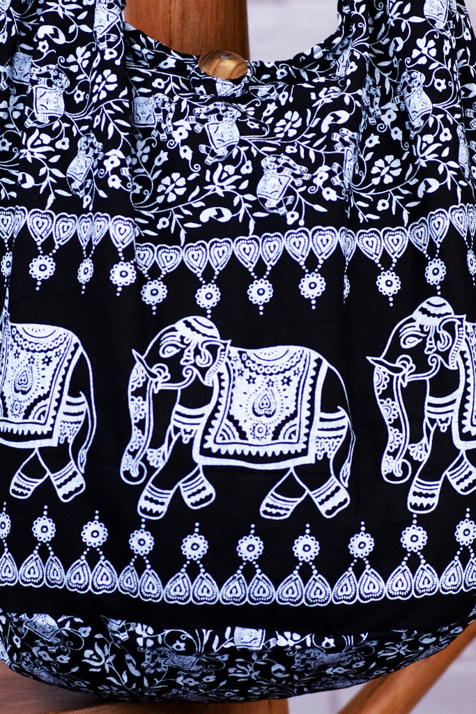 Shoulder Bag | Elephants - baby, bag, beach bag, black, black and white, blue, book bag, day bag, elephant, green, gymsack, hobo bag, red, shoulder, sling bag, tote bag - Wander Emporium