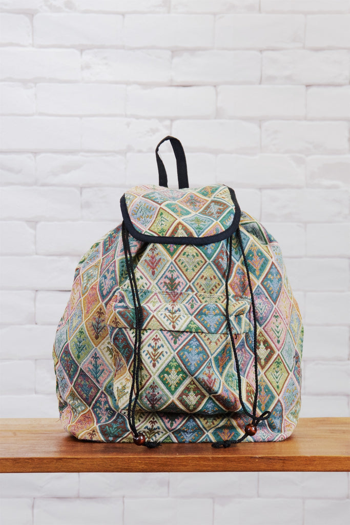 Woven Backpack | Snap Closure - backpack, book bag, day bag, day pack, ethnic, everyday, green, multicolour, PATTERN, regular backpack, unisex, woven - Wander Emporium