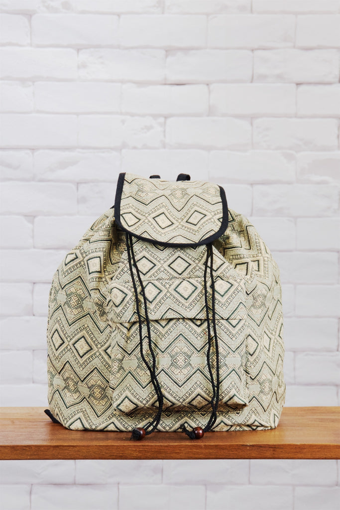 Woven Backpack | Snap Closure - backpack, book bag, day bag, day pack, earthy, ethnic, everyday, green, multicolour, PATTERN, regular backpack, unisex, woven - Wander Emporium