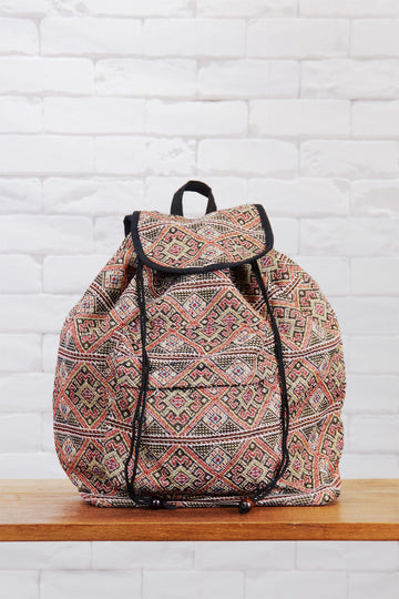 Woven Backpack | Snap Closure - backpack, blue, book bag, day bag, day pack, ethnic, everyday, orange, PATTERN, regular backpack, unisex, vintage, woven - Wander Emporium
