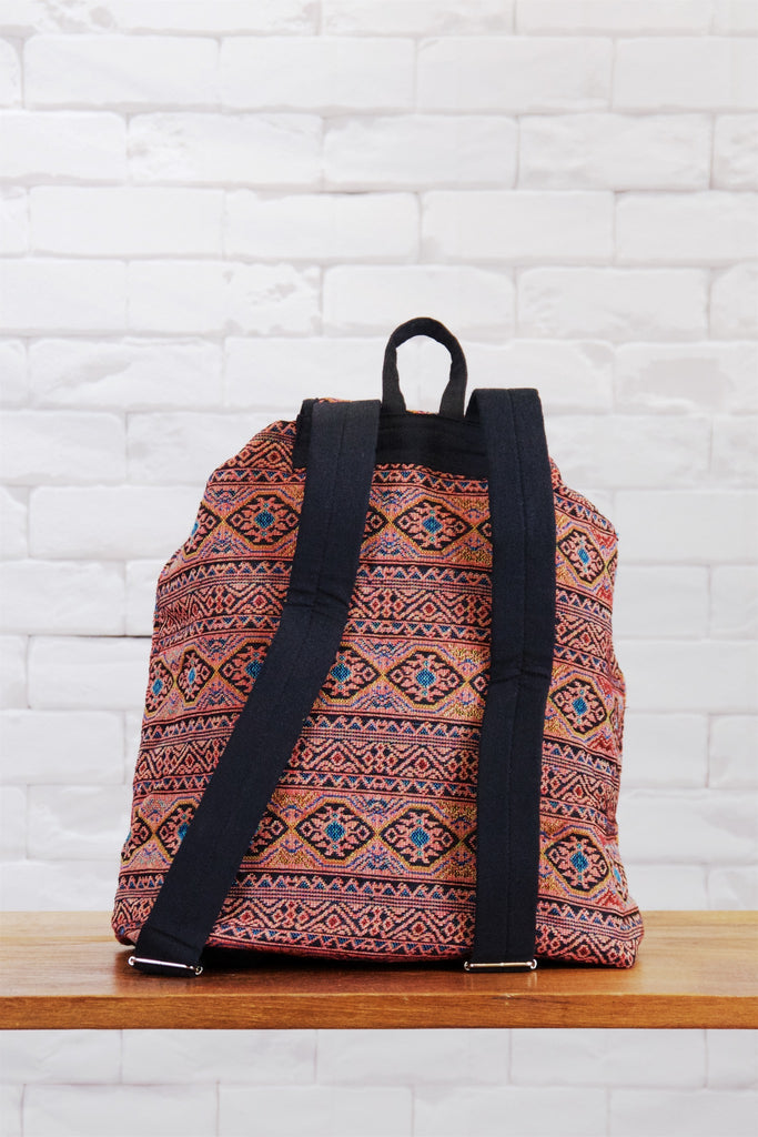 Woven Backpack | Snap Closure - backpack, blue, book bag, day bag, day pack, ethnic, everyday, orange, PATTERN, regular backpack, unisex, vintage, woven - Wander Emporium