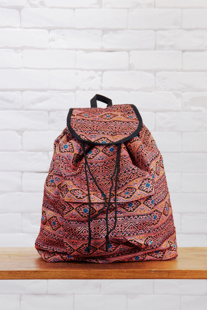 Woven Backpack | Snap Closure - backpack, blue, book bag, day bag, day pack, ethnic, everyday, orange, PATTERN, regular backpack, unisex, vintage, woven - Wander Emporium