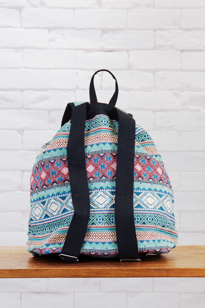 Woven Backpack | Snap Closure - backpack, book bag, day bag, day pack, ethnic, everyday, PATTERN, regular backpack, turquoise, unisex, woven - Wander Emporium