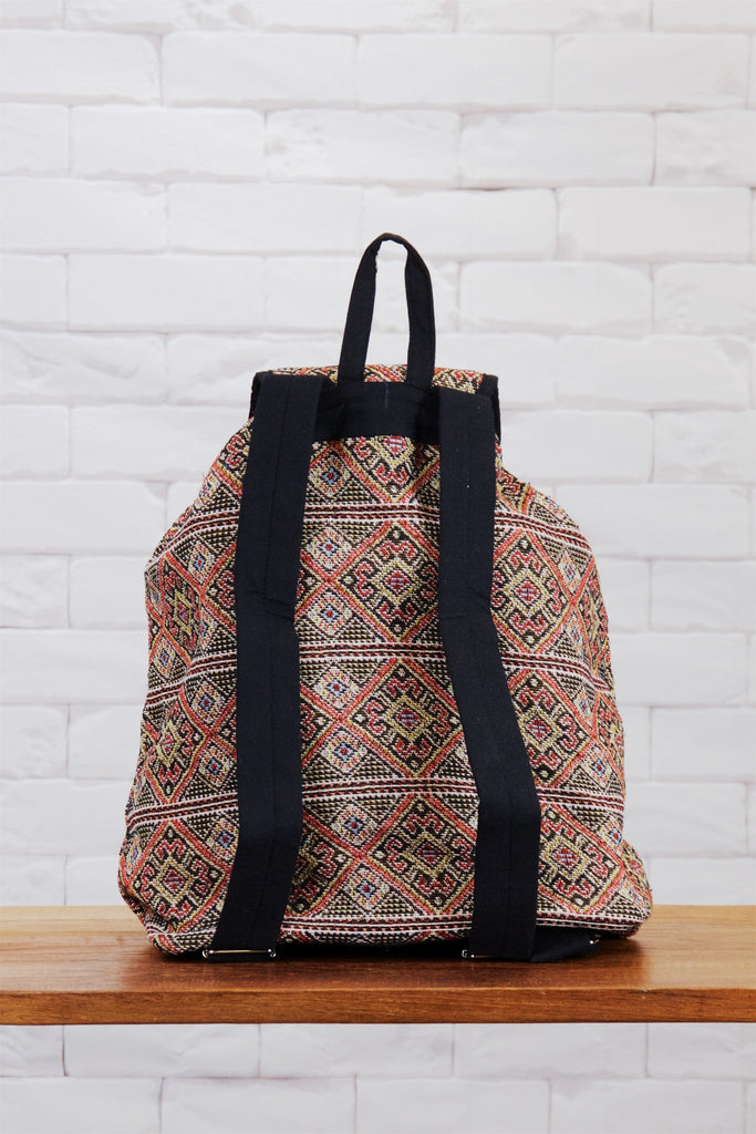 Woven Backpack | Snap Closure - backpack, book bag, day bag, day pack, ethnic, everyday, orange, PATTERN, regular backpack, unisex, vintage, woven - Wander Emporium