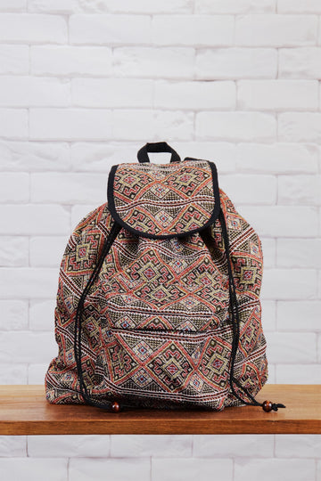 Woven Backpack | Snap Closure - backpack, book bag, day bag, day pack, ethnic, everyday, orange, PATTERN, regular backpack, unisex, vintage, woven - Wander Emporium