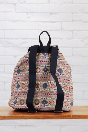 Woven Backpack | Snap Closure - backpack, beige, book bag, day bag, day pack, ethnic, everyday, orange, PATTERN, pink, regular backpack, unisex, vintage, woven, yellow - Wander Emporium