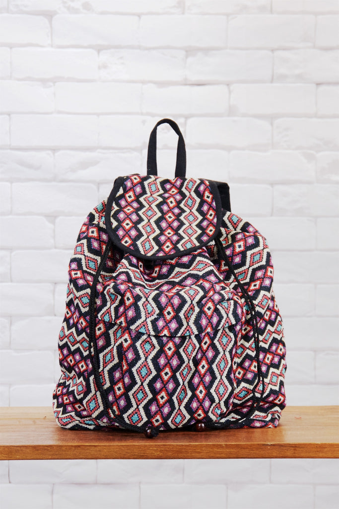 Woven Backpack | Snap Closure - backpack, beige, black, book bag, day bag, day pack, ethnic, everyday, orange, PATTERN, pink, red, regular backpack, turquoise, unisex, vintage, white, woven - Wander Emporium