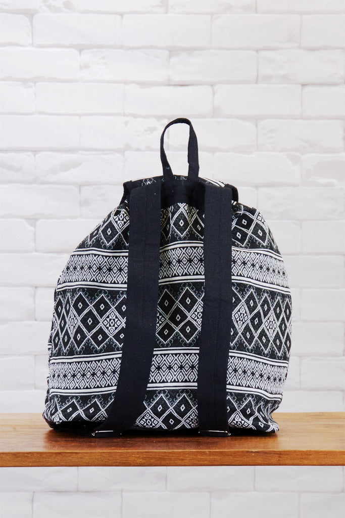 Woven Backpack | Snap Closure - backpack, black, book bag, day bag, day pack, ethnic, everyday, grey, PATTERN, regular backpack, unisex, white, woven - Wander Emporium