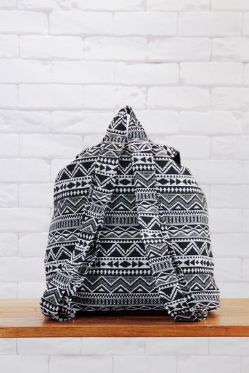 Woven Backpack | Velcro Closure - backpack, black, book bag, day bag, day pack, ethnic, everyday, PATTERN, pink, regular backpack, unisex, vintage, white, woven - Wander Emporium