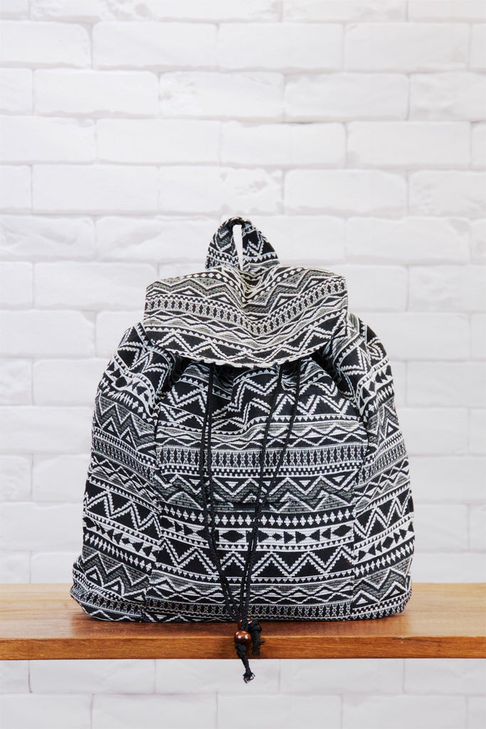 Woven Backpack | Velcro Closure - backpack, black, book bag, day bag, day pack, ethnic, everyday, PATTERN, pink, regular backpack, unisex, vintage, white, woven - Wander Emporium