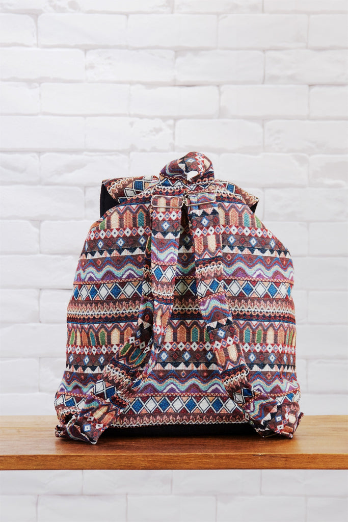 Woven Backpack | Velcro Closure - backpack, blue, book bag, brown, day bag, day pack, ethnic, everyday, green, PATTERN, red, regular backpack, unisex, vintage, woven - Wander Emporium