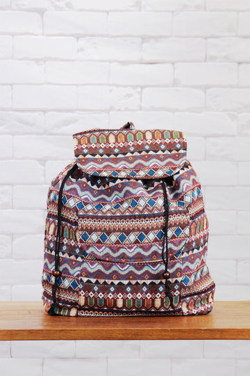 Woven Backpack | Velcro Closure - backpack, blue, book bag, brown, day bag, day pack, ethnic, everyday, green, PATTERN, red, regular backpack, unisex, vintage, woven - Wander Emporium