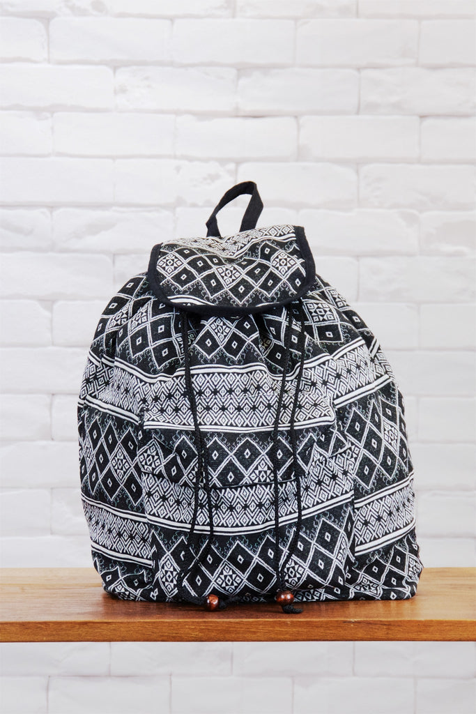 Woven Backpack | Snap Closure - backpack, black, book bag, day bag, day pack, ethnic, everyday, grey, PATTERN, regular backpack, unisex, white, woven - Wander Emporium