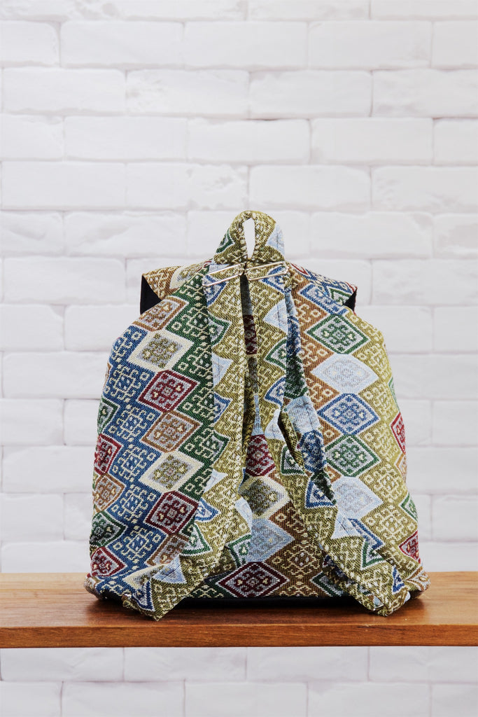 Woven Backpack | Velcro Closure - backpack, black and white, blue, book bag, day bag, day pack, ethnic, everyday, green, multicolour, PATTERN, regular backpack, unisex, vintage, woven, yellow - Wander Emporium