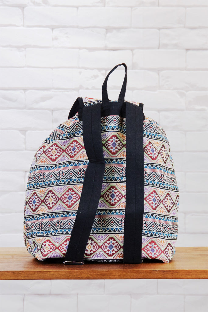 Woven Backpack | Snap Closure - backpack, blue, book bag, day bag, day pack, ethnic, everyday, grey, PATTERN, peach, red, regular backpack, unisex, woven - Wander Emporium