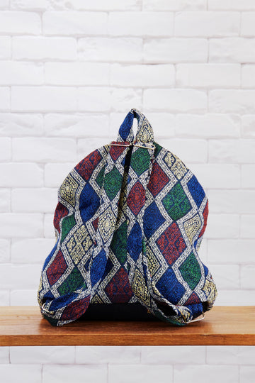 Woven Backpack | Velcro Closure - backpack, beige, black and white, blue, book bag, day bag, day pack, ethnic, everyday, green, PATTERN, red, regular backpack, unisex, vintage, woven - Wander Emporium