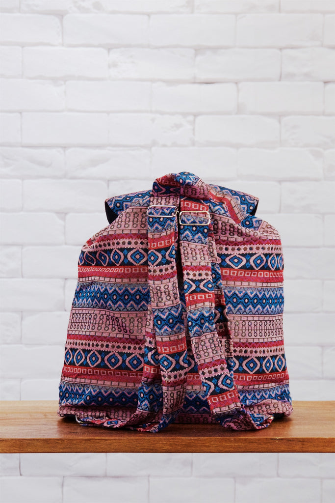 Woven Backpack | Velcro Closure - backpack, blue, book bag, day bag, day pack, ethnic, everyday, PATTERN, pink, regular backpack, unisex, vintage, woven - Wander Emporium