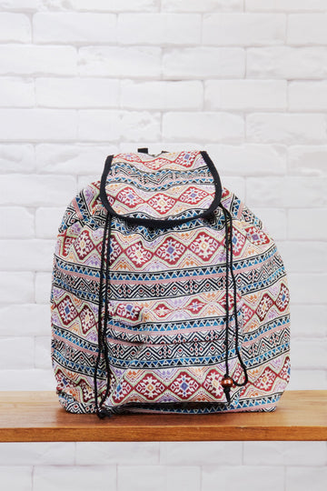 Woven Backpack | Snap Closure - backpack, blue, book bag, day bag, day pack, ethnic, everyday, grey, PATTERN, peach, red, regular backpack, unisex, woven - Wander Emporium