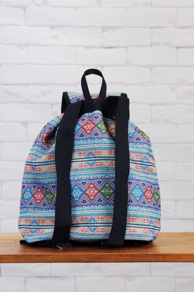 Woven Backpack | Snap Closure - backpack, blue, book bag, day bag, day pack, ethnic, everyday, grey, PATTERN, peach, red, regular backpack, unisex, woven - Wander Emporium